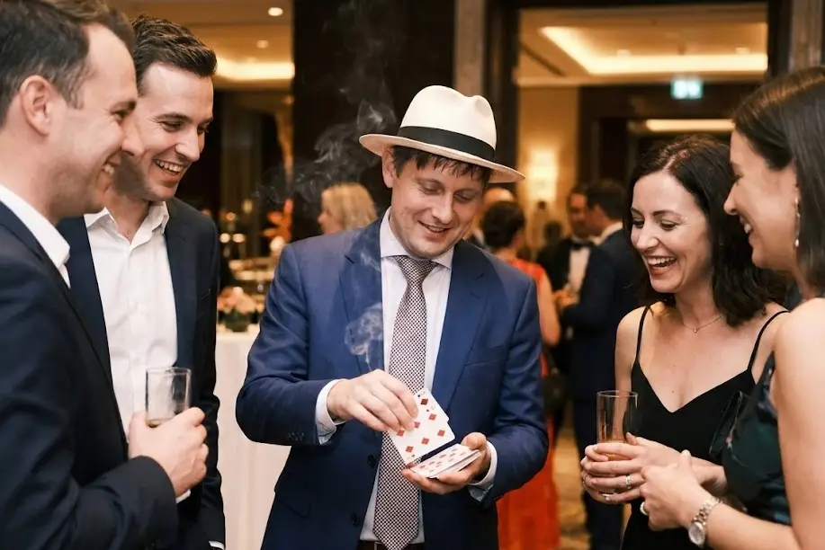 Shaun performing strolling close-up magic for guests at a corporate event in Southern California.