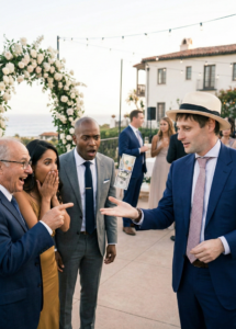 Guests reacting to close-up magic at wedding cocktail hour