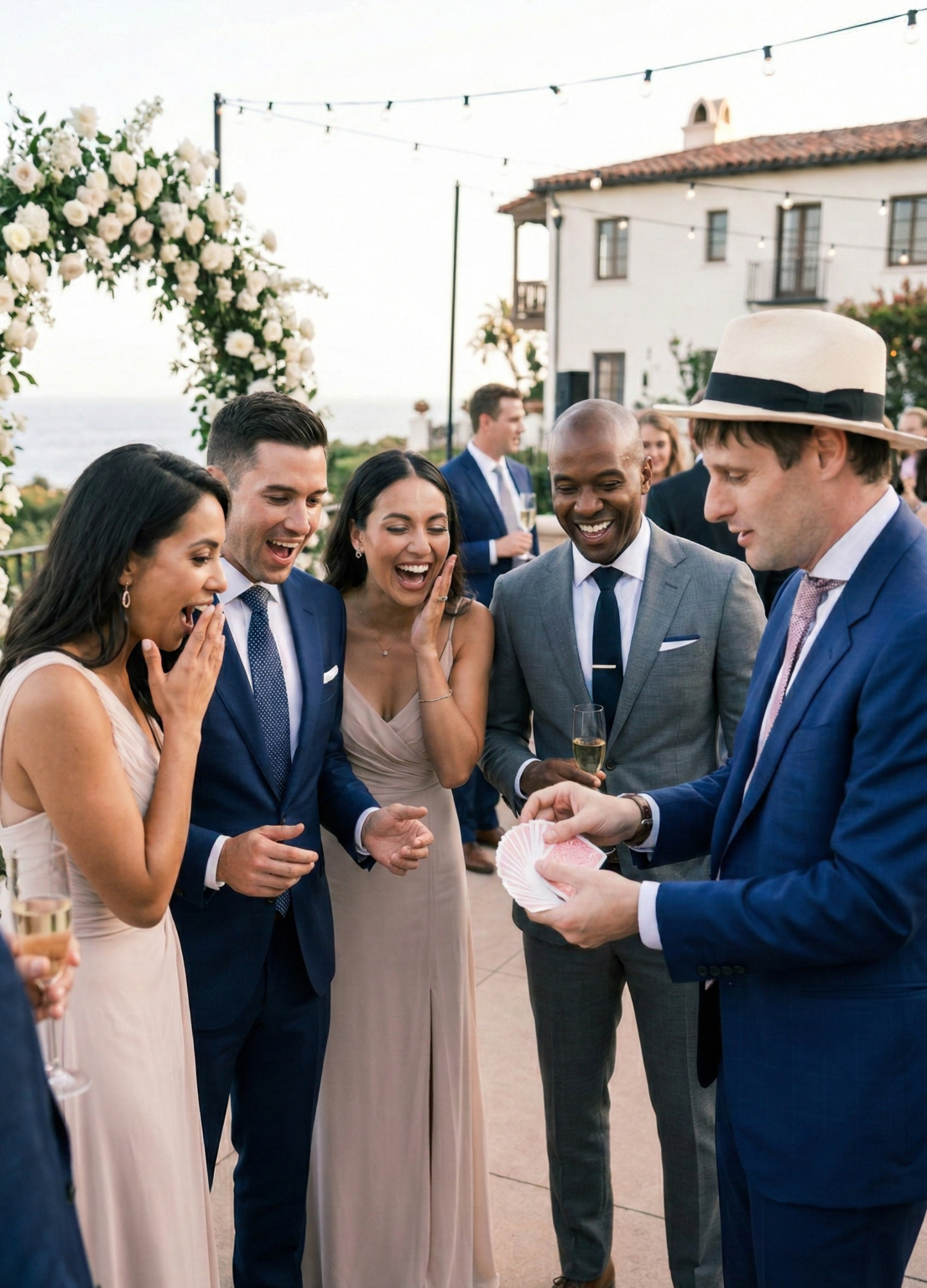 Shaun performing close-up card magic for wedding guests at a Southern California reception