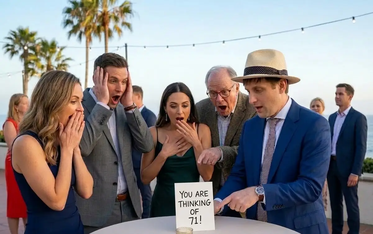 Southern California corporate mentalist Shaun revealing an interactive mind-reading prediction to a group of amazed spectators.